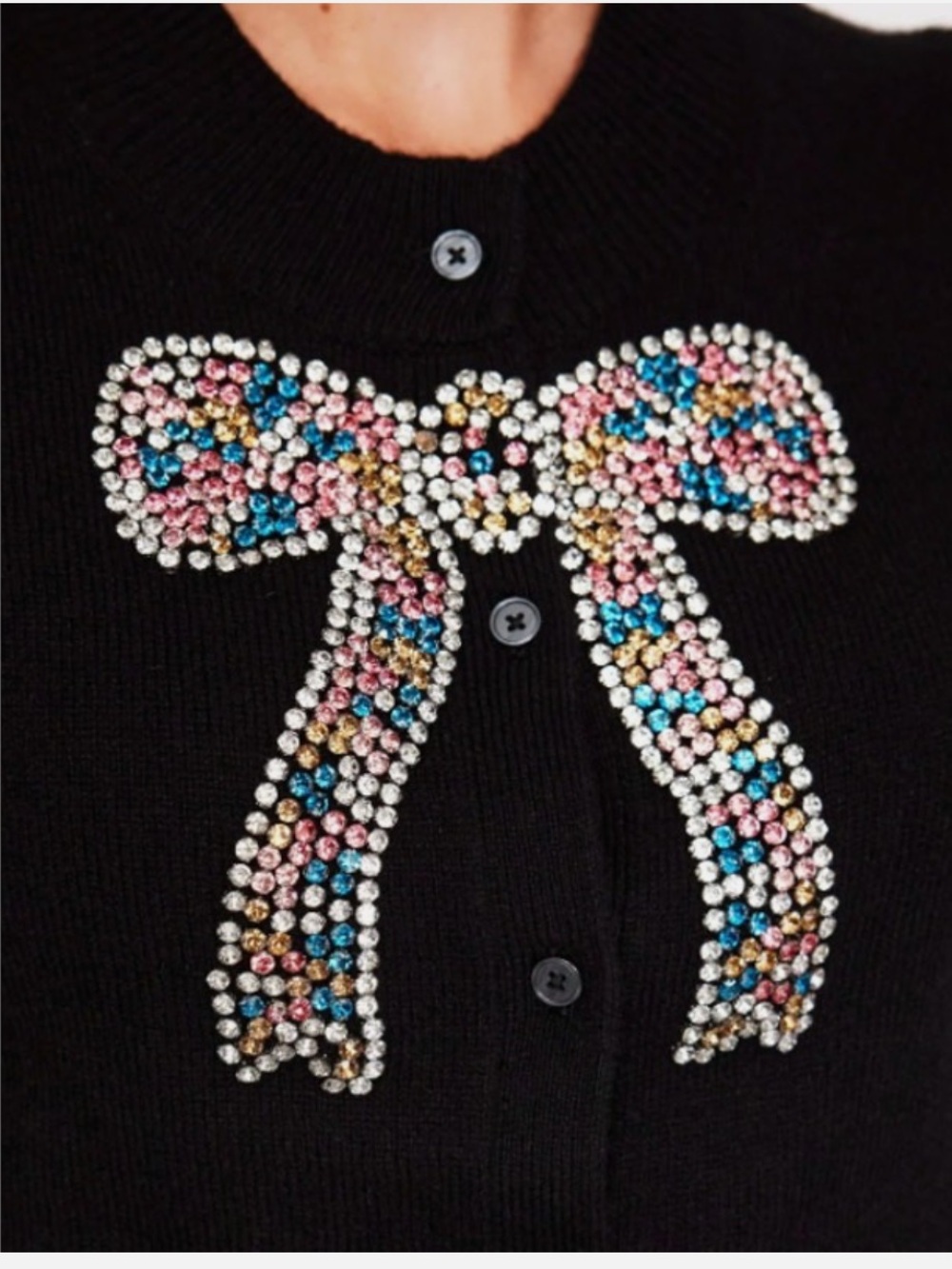 Boden Black Cardigan with Rhinestoned Multicolor Bow - Picture 3 of 7